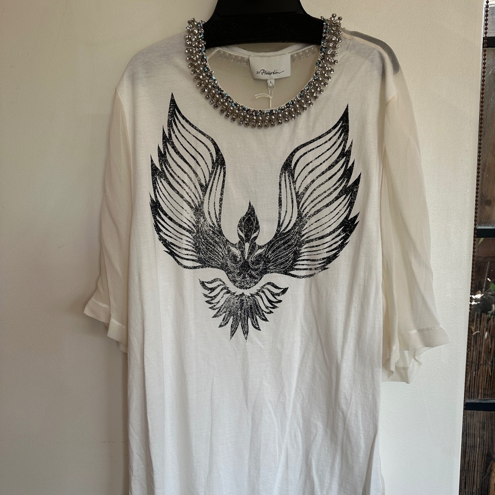 3.1 Phillip Lim white jersey/silk combo printed t-shirt w/embellished neck sz L
